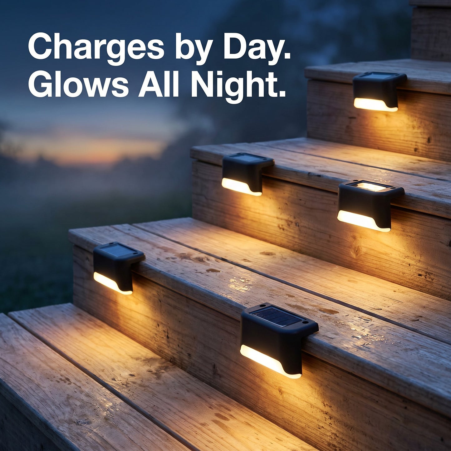 Solar deck lights glowing warm amber on cedar stairs at dusk, no wiring outdoor stair lighting