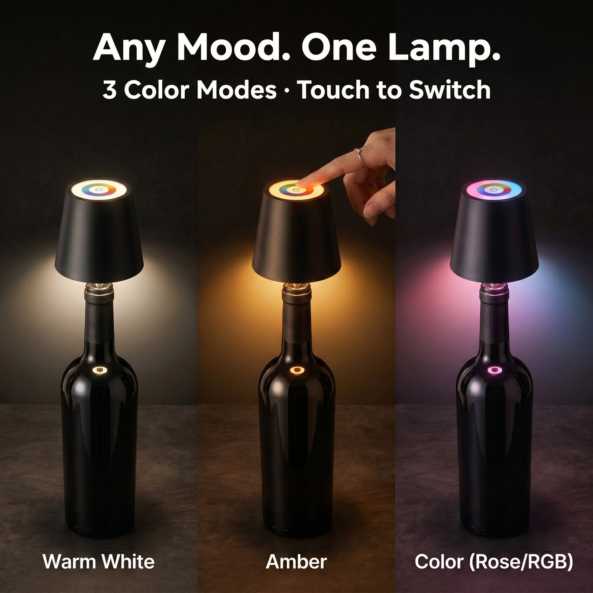 Wireless bottle lamp 3 color modes warm white amber RGB, touch switch bar home lighting