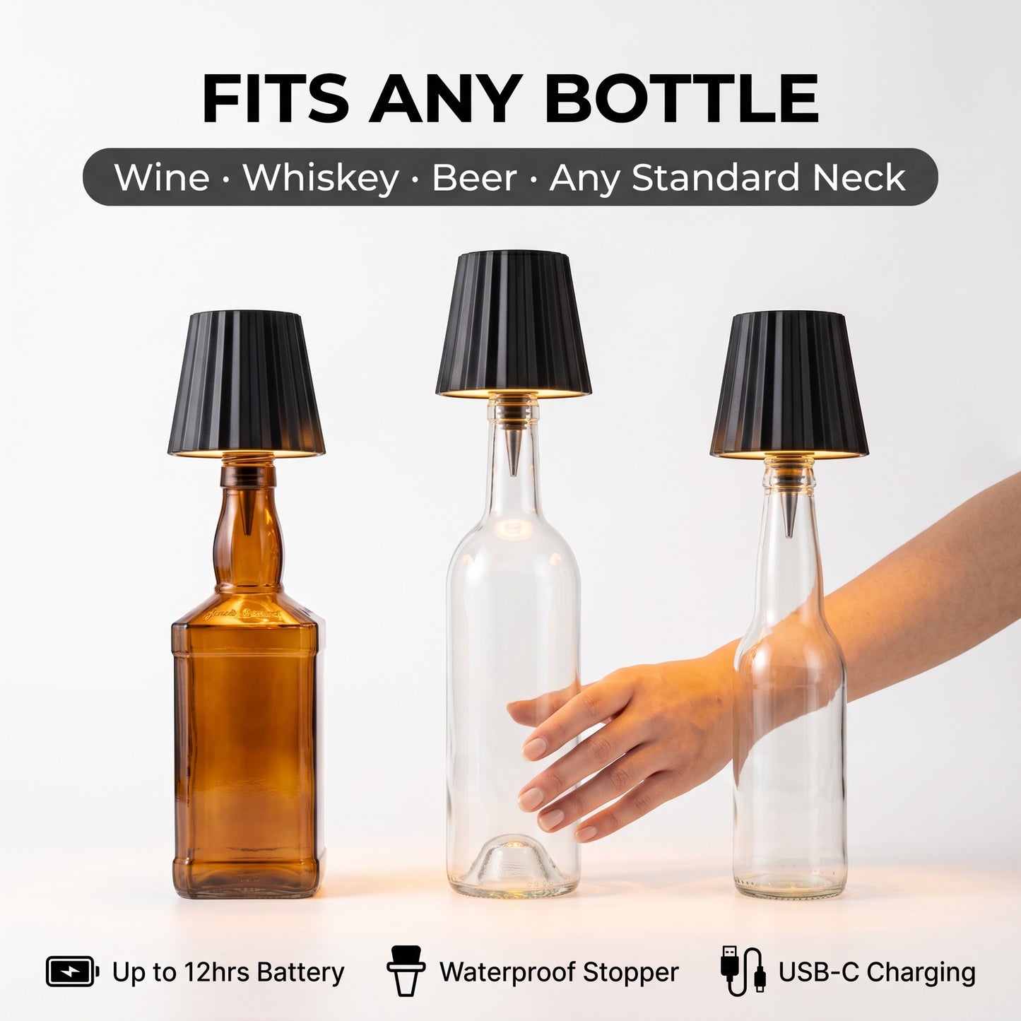 Wireless bottle lamp fits wine whiskey beer any standard neck, 12hr battery USB-C waterproof