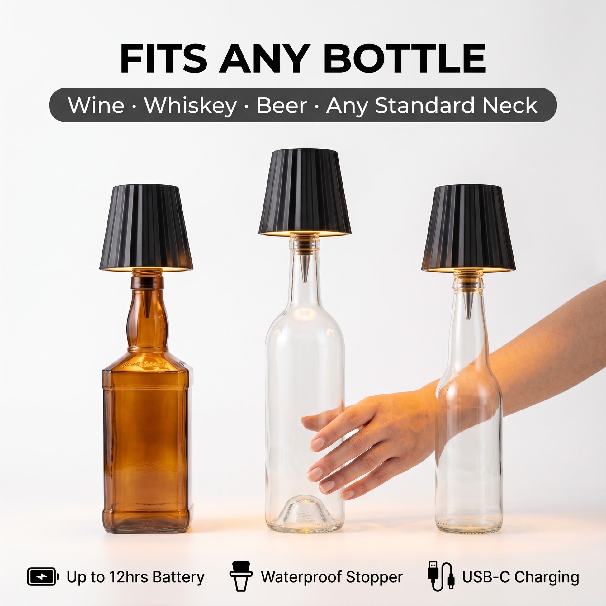 Wireless bottle lamp fits wine whiskey beer any standard neck, 12hr battery USB-C waterproof