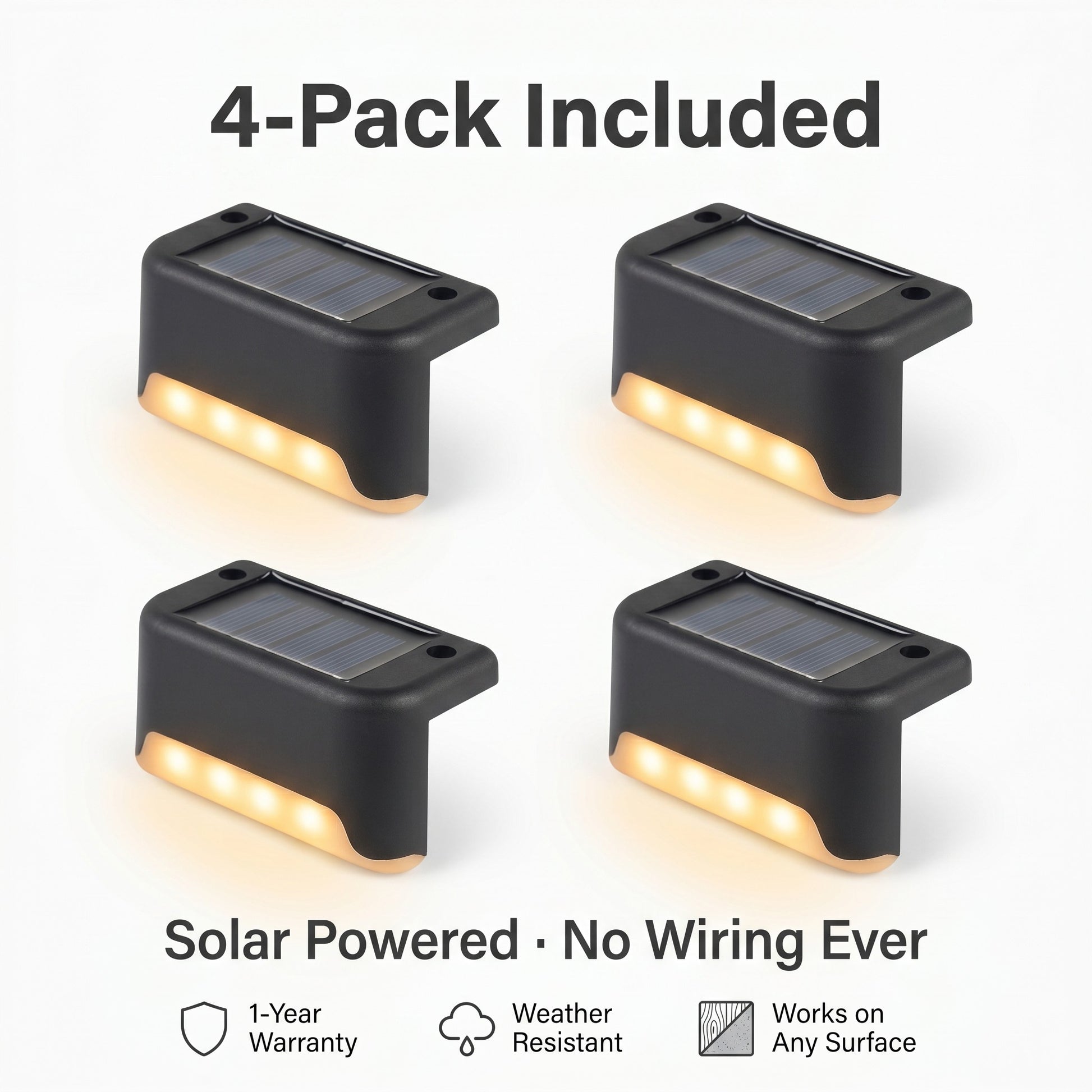 4-pack solar powered stair deck lights flat lay, weather resistant easy install outdoor LED