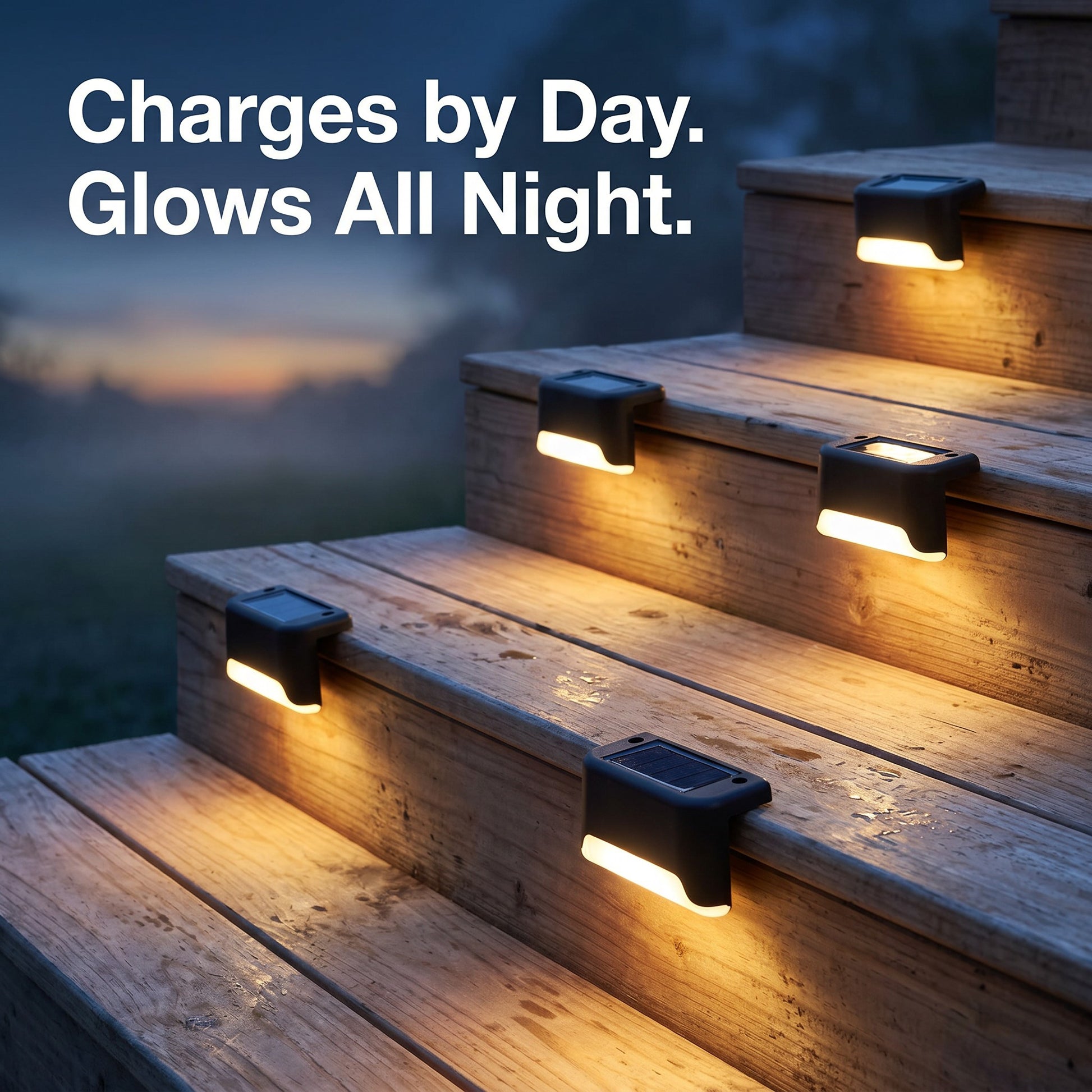 Solar deck lights glowing warm amber on cedar stairs at dusk, no wiring outdoor stair lighting