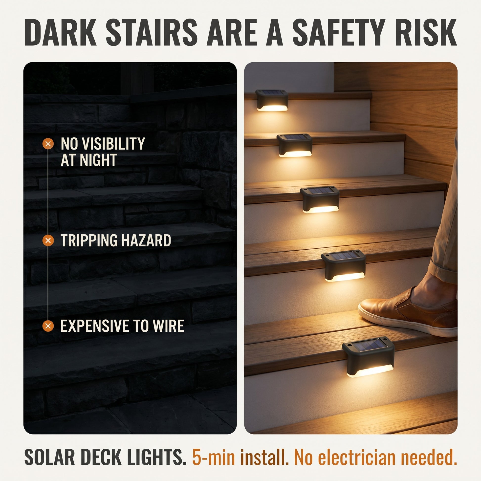 Dark outdoor stairs safety risk solved by solar step lights, 5-minute install no electrician