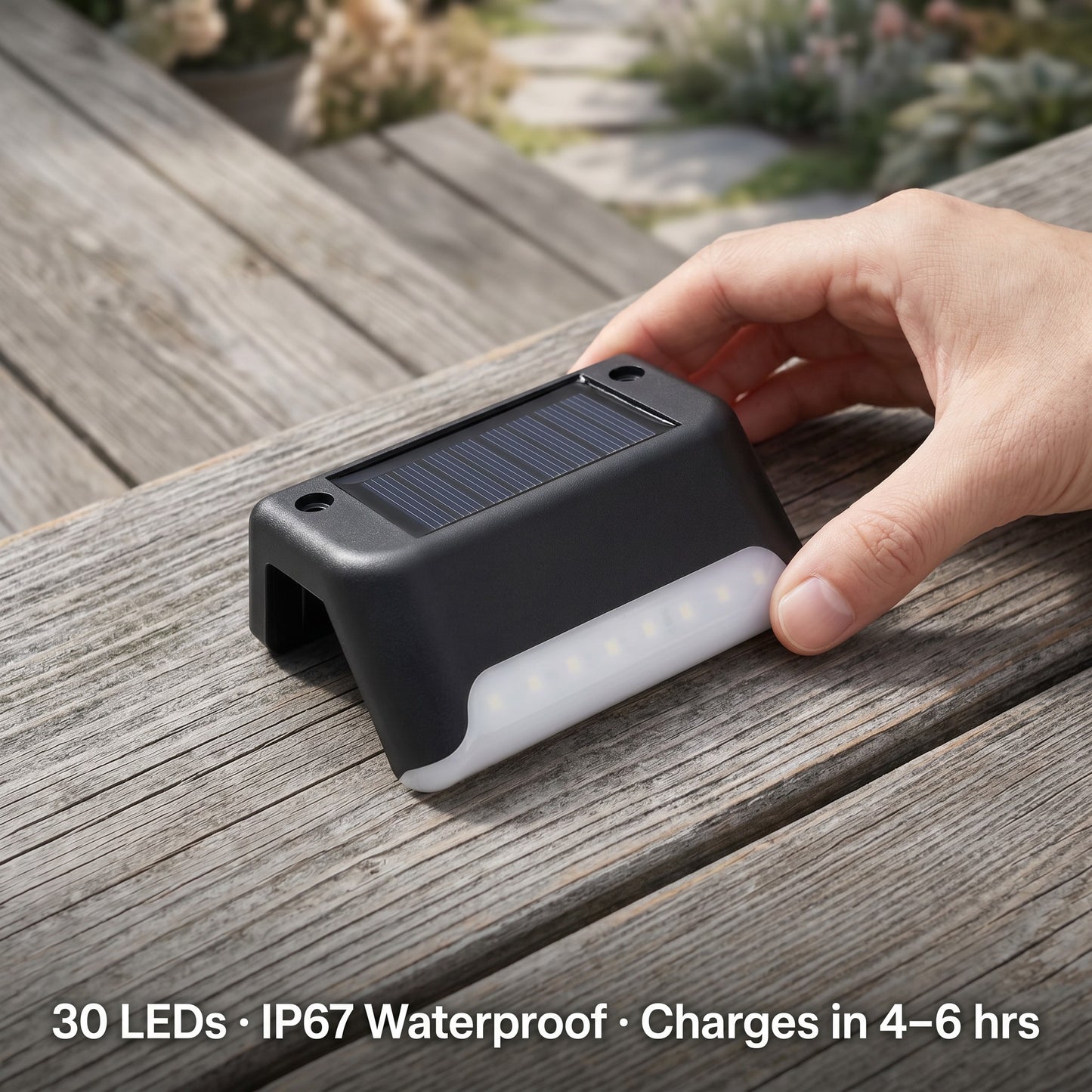 Close-up solar deck light showing LED strip and solar panel, IP67 waterproof 30 LED outdoor