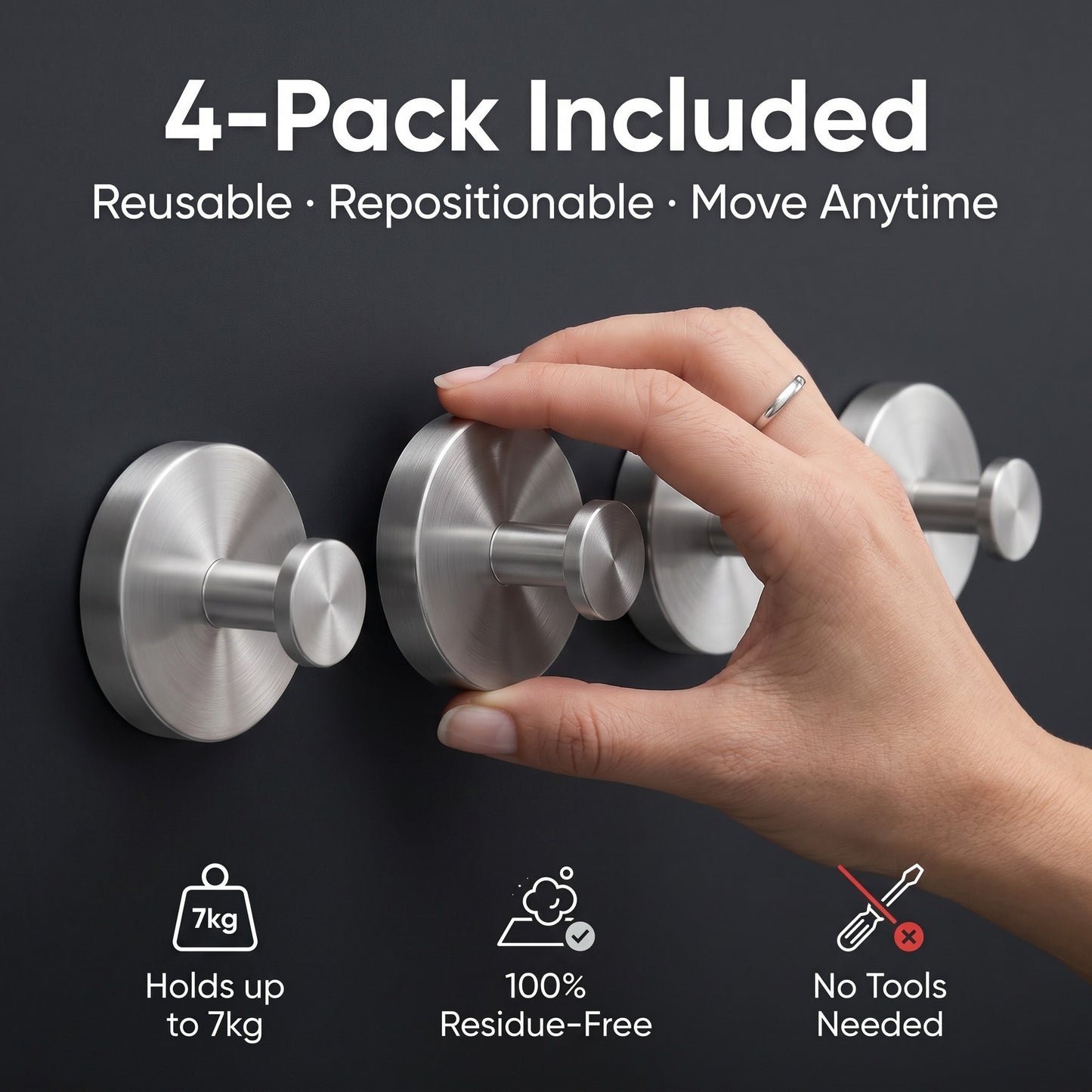 4-pack reusable suction wall hooks flat lay, repositionable no tools needed holds up to 7kg