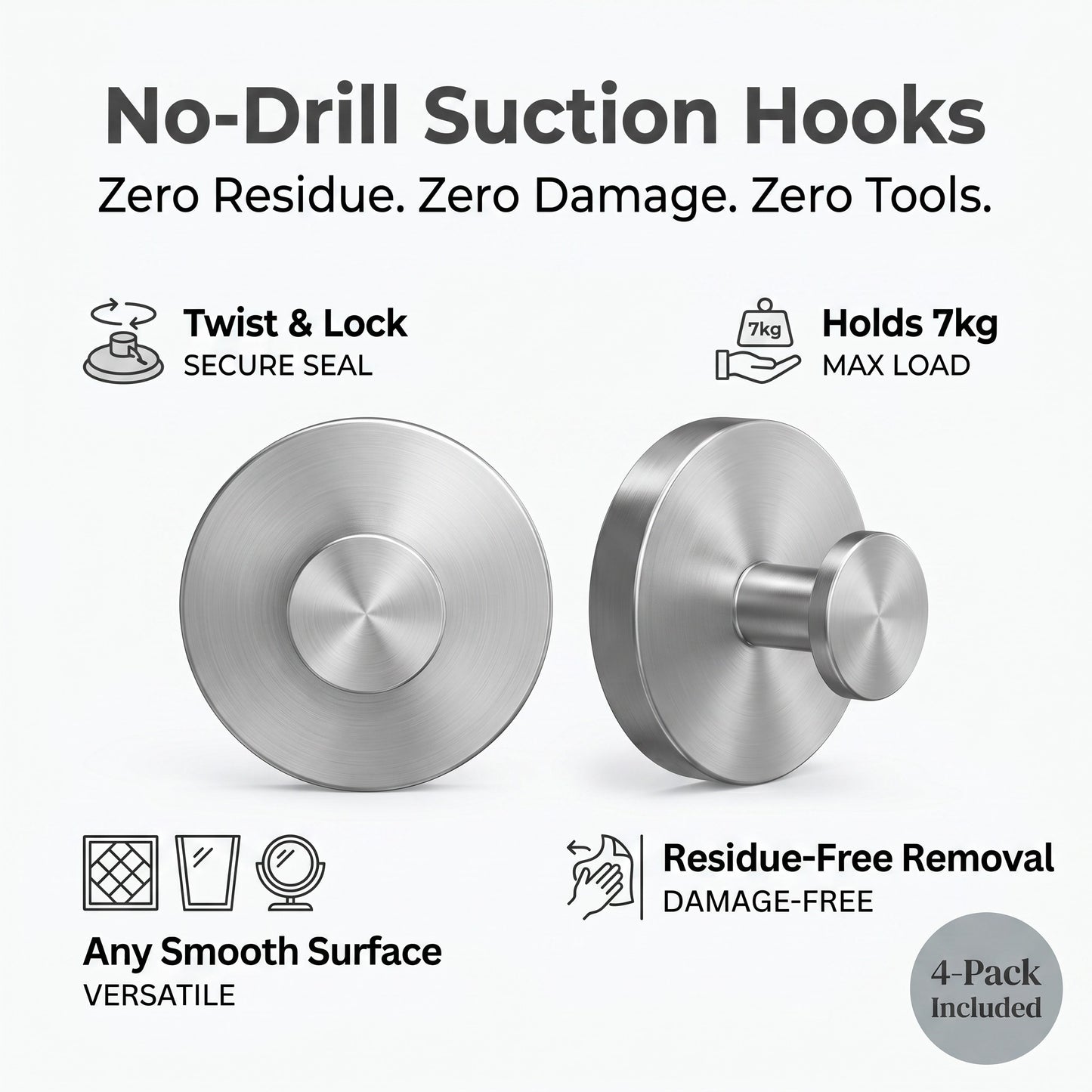 No-drill suction cup wall hooks 4-pack, twist-lock holds 7kg, zero residue any smooth surface