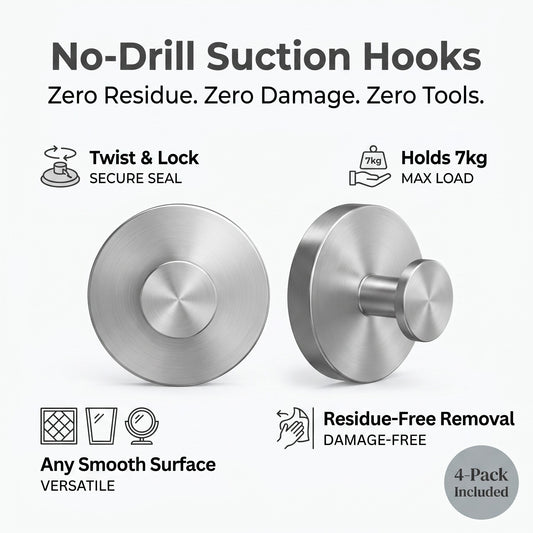 No-drill suction cup wall hooks 4-pack, twist-lock holds 7kg, zero residue any smooth surface