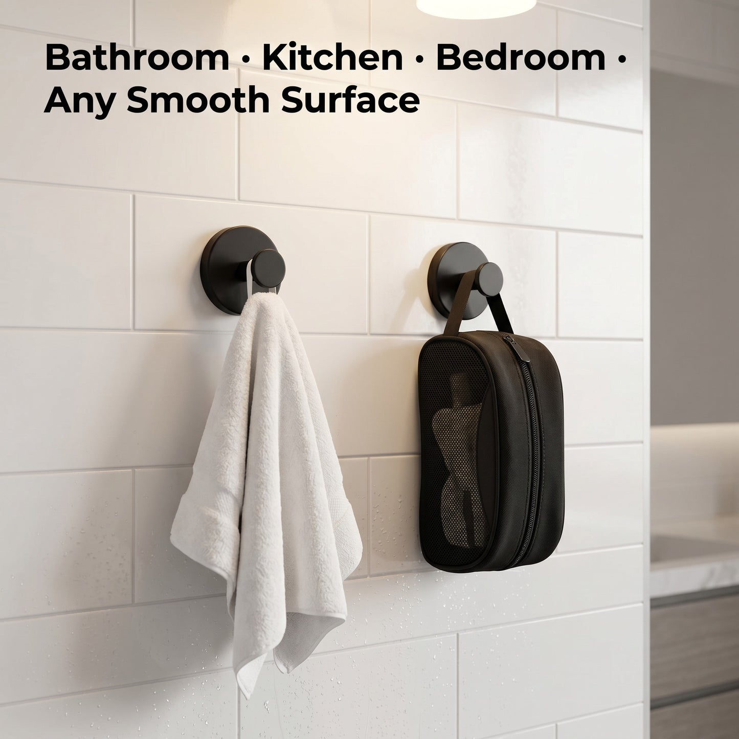 Suction cup hooks holding towel and bag on white bathroom tile, no drilling no damage