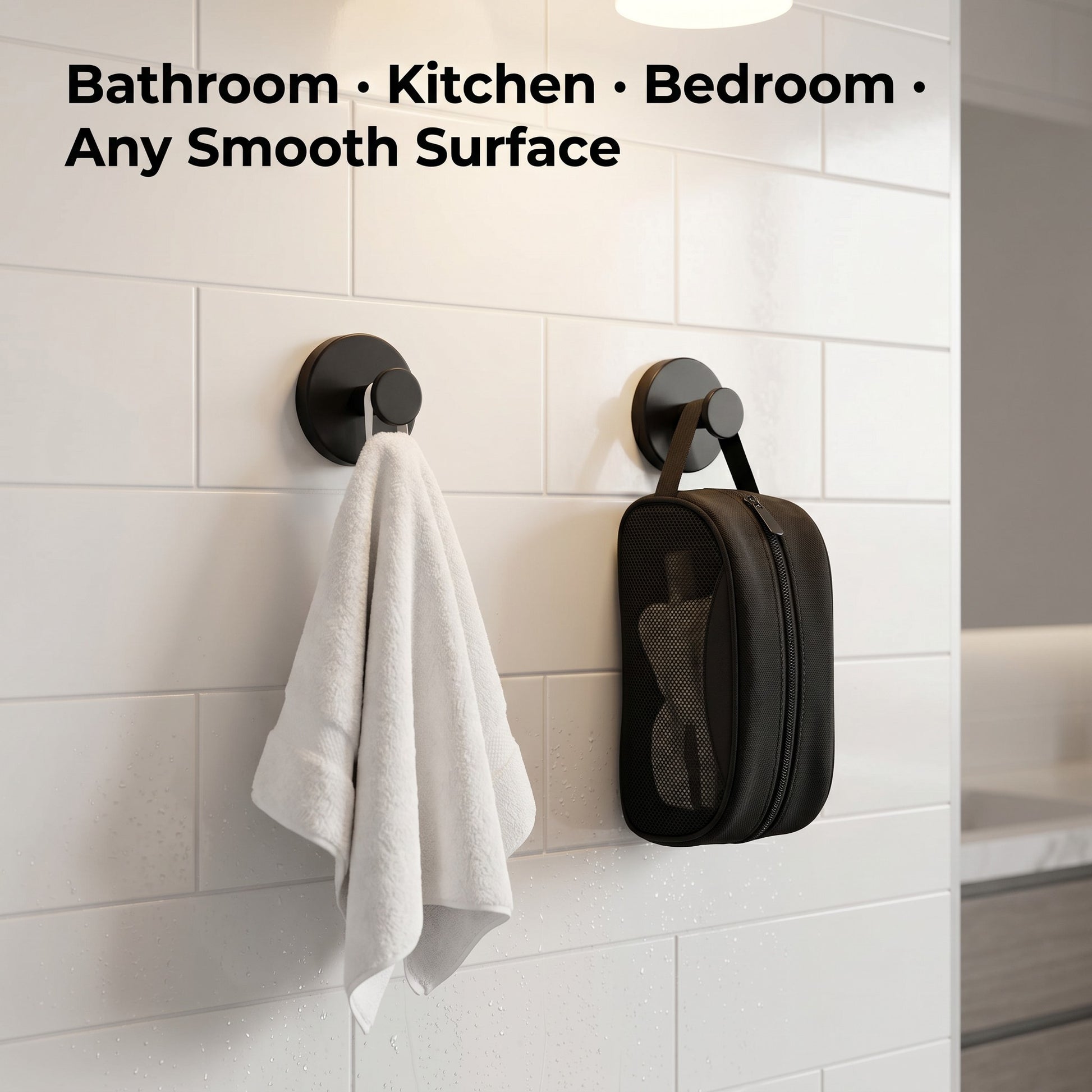 Suction cup hooks holding towel and bag on white bathroom tile, no drilling no damage