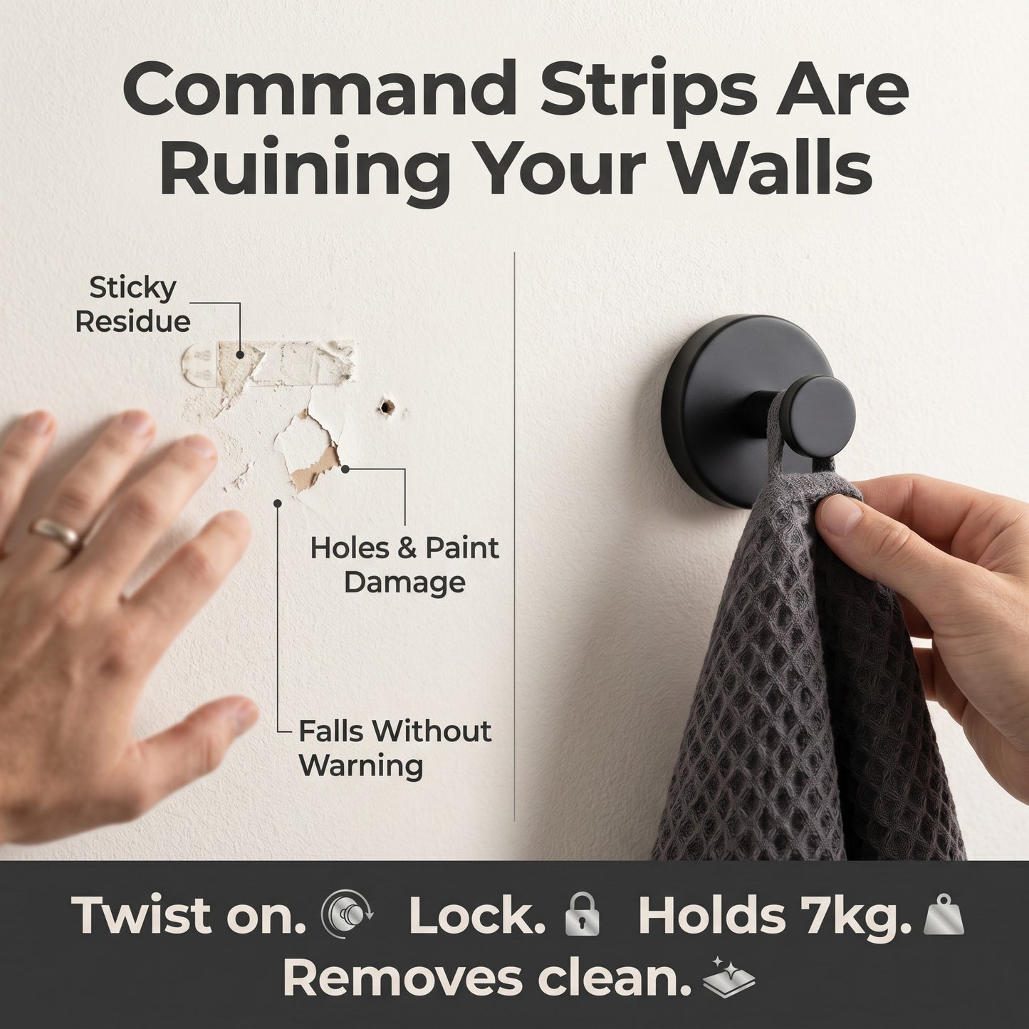 Command strip wall damage vs suction cup hook clean install, no residue no holes rental safe