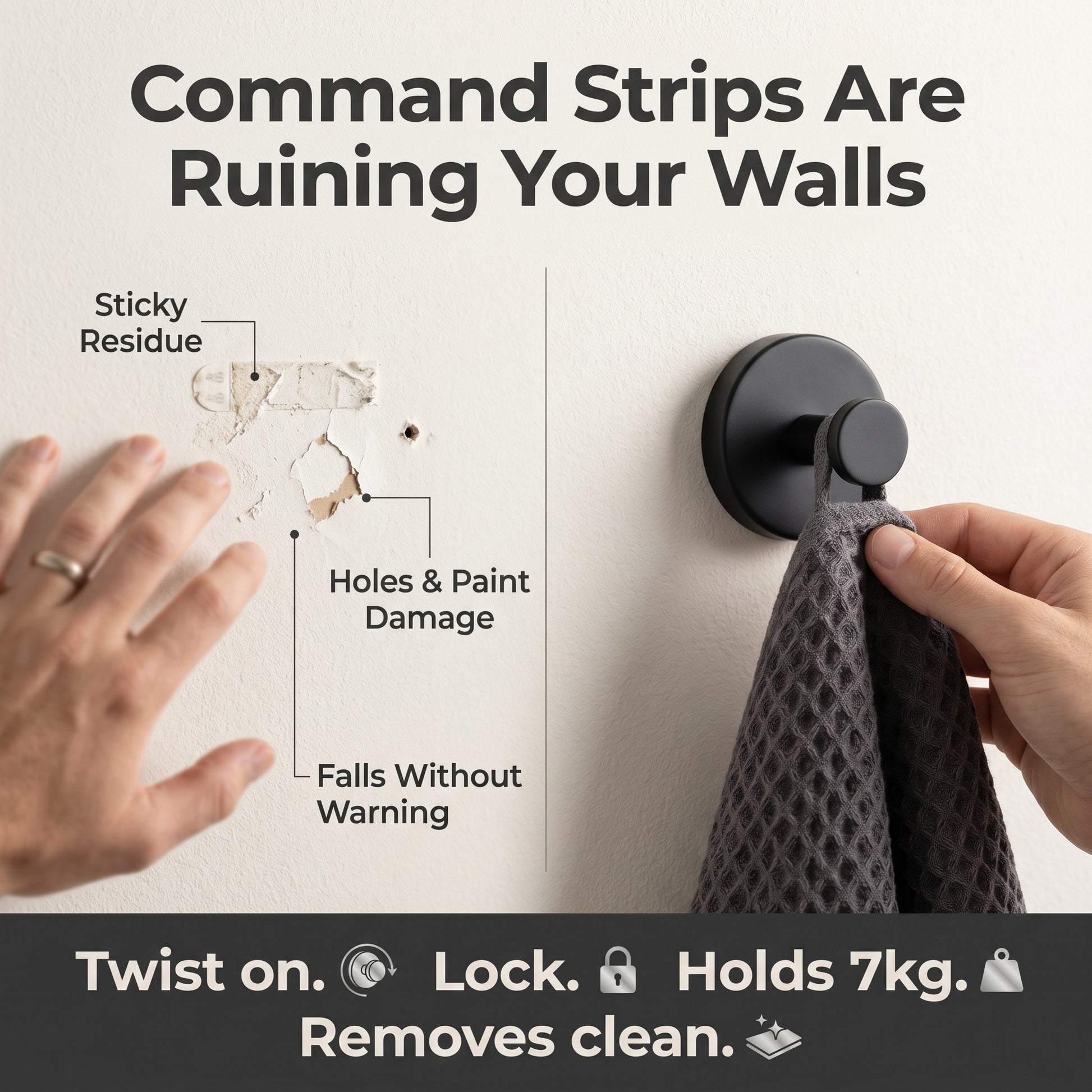 Command strip wall damage vs suction cup hook clean install, no residue no holes rental safe