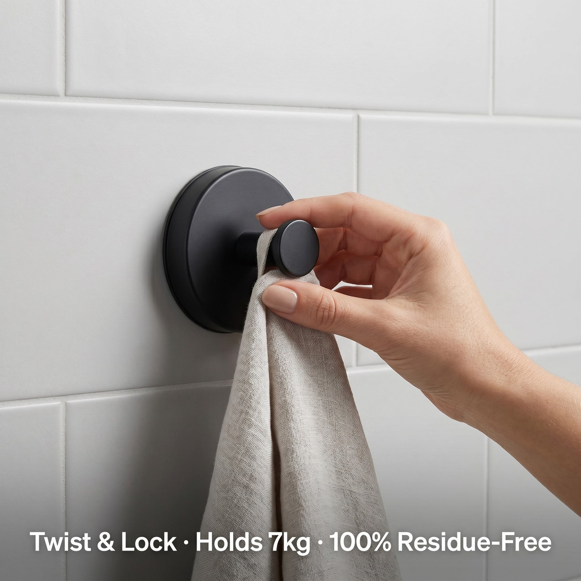 Close-up twist-lock suction cup hook on subway tile, holds 7kg, 100% residue-free removal