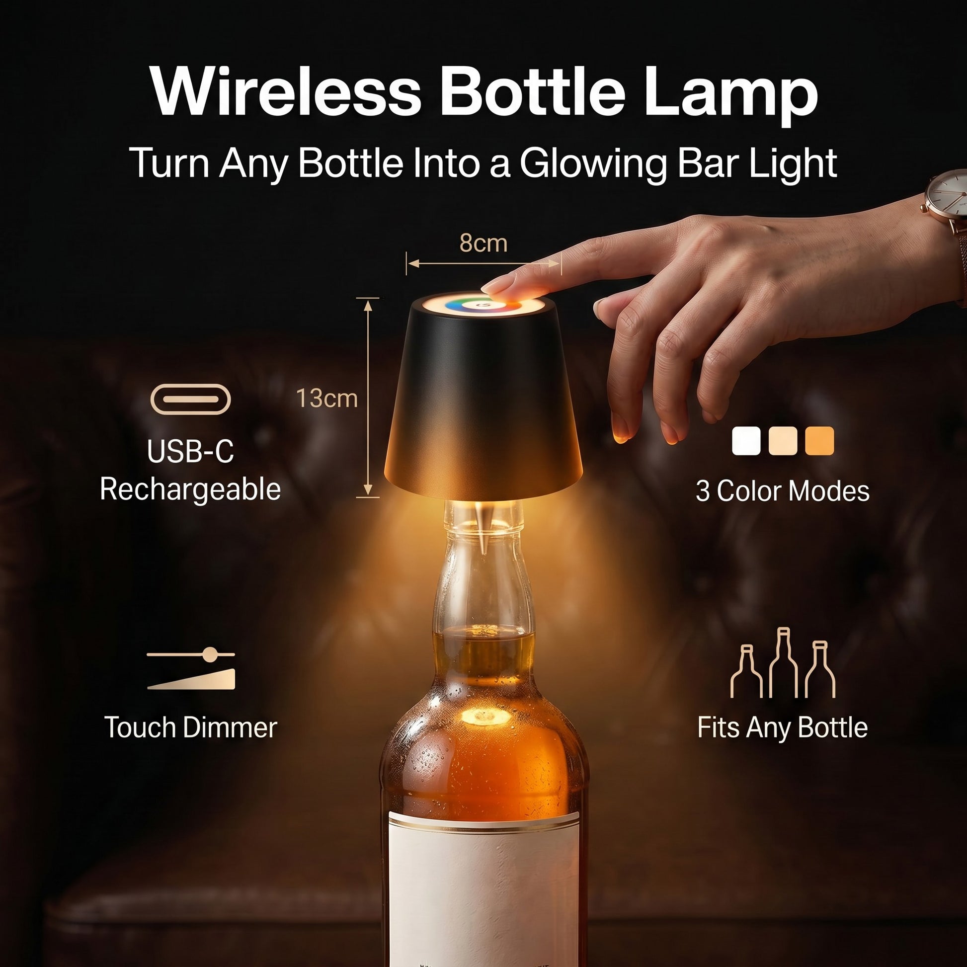 Wireless bottle lamp USB-C rechargeable, touch dimmer 3 color modes, fits any bottle neck