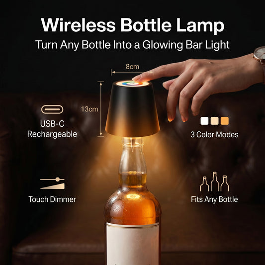 Wireless bottle lamp USB-C rechargeable, touch dimmer 3 color modes, fits any bottle neck